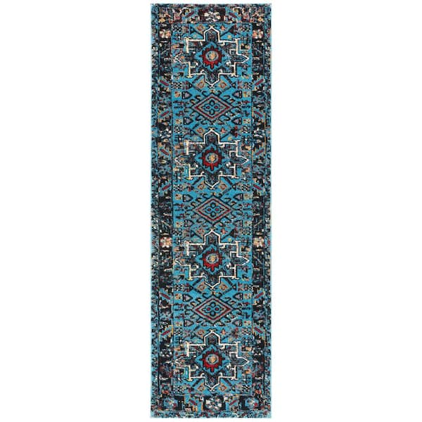 Vintage Hamadan Light Blue/Black 2 ft. x 10 ft. Floral Border Runner Rug