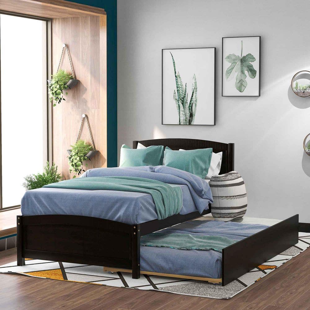 Espresso Brown Wood Frame Twin Upholstered Platform Bed with Trundle price history on PriceWatchPro