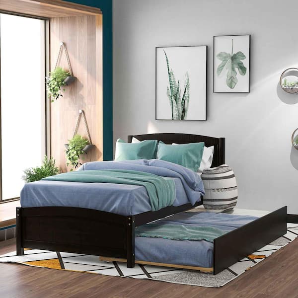 Espresso Brown Wood Frame Twin Upholstered Platform Bed with Trundle