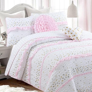 Sweet Heart Pink Metallic Gold Polka Dot Cotton Queen Quilt Bedding Set (5-Piece)