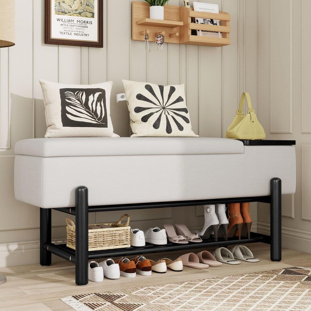 Zelric Modern 47.2 in. Black Finish Wood and Beige Fabric Upholstered Entryway Storage Bench with Shelf