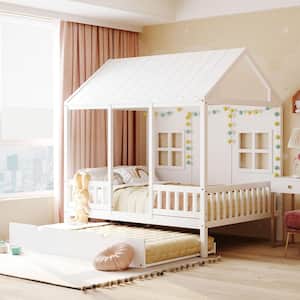White Full Size Wood House Bed with Twin Size Trundle, Guardrails, Roof and Windows