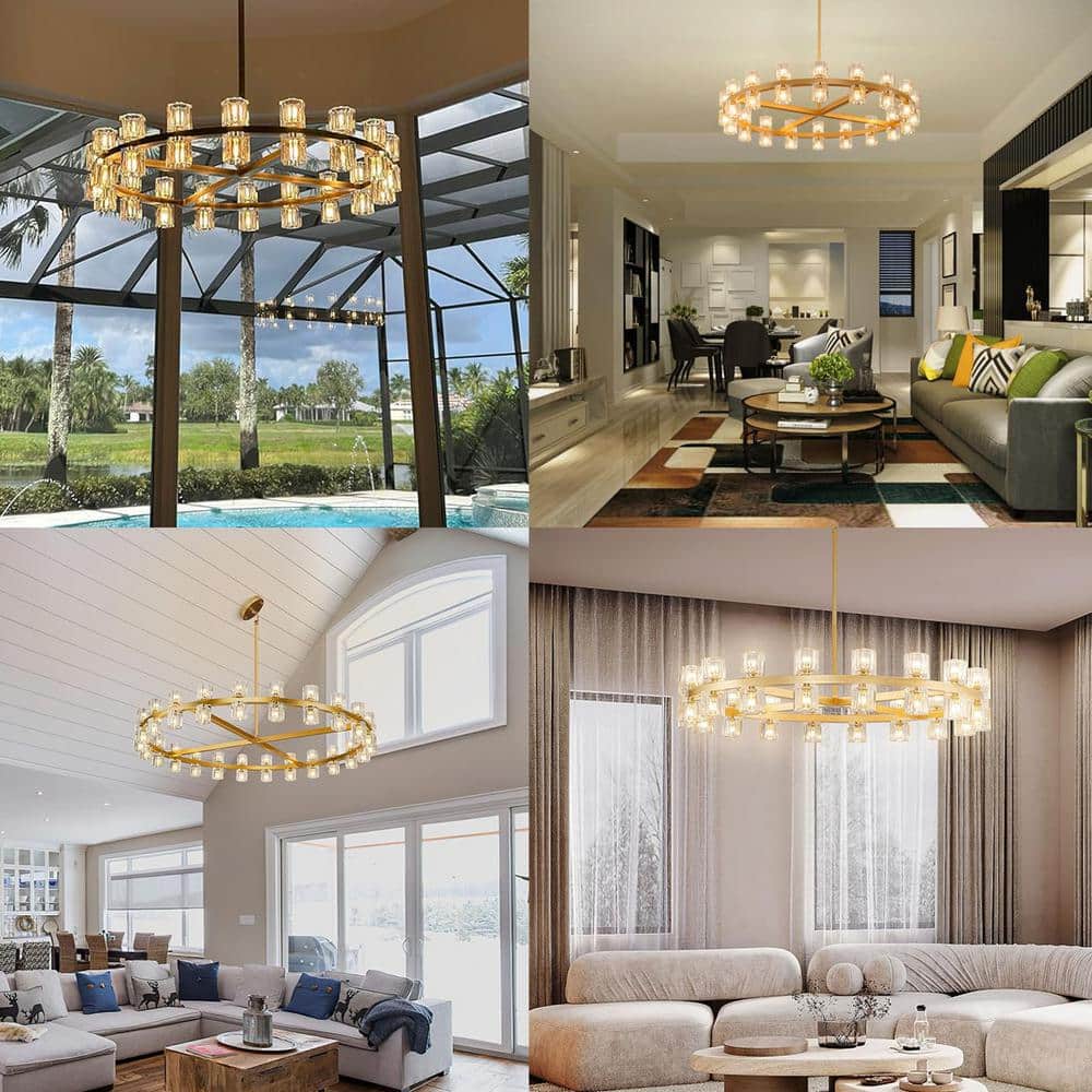 36-Light Gold Round Crystal Chandelier with LED Bulbs