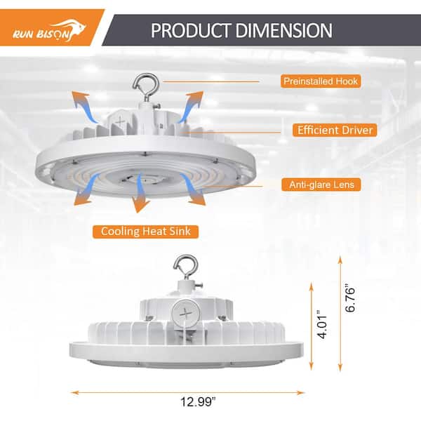 RUN BISON 13 in. 240W White Integrated LED UFO High Bay Light Garage Light, Up To 34800LM, 3000/4000/5000K, 0-Volt to 10-Volt