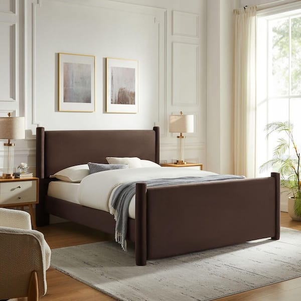Rael Brown Wood Frame Queen Platform Bed with Upholstered Headboard and Footboard