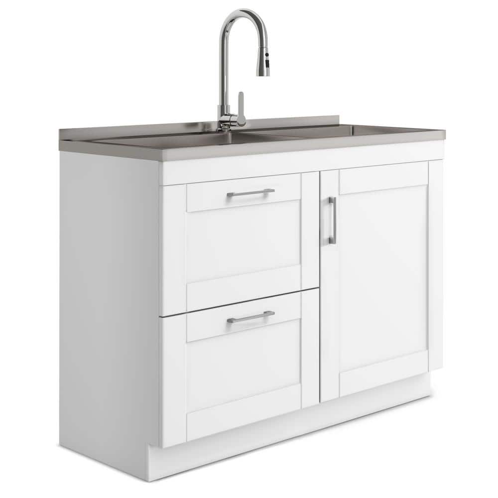 White 46 Inch Shaker Laundry Cabinet with Stainless Steel Sink