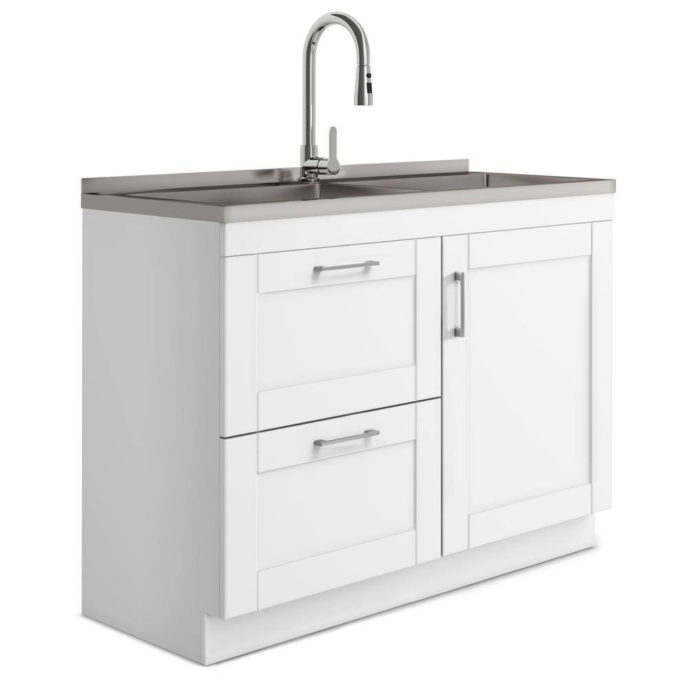 White 46 Inch Shaker Laundry Cabinet with Stainless Steel Sink