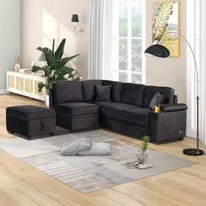 87.4 in. L Shaped Velvet Sectional Sofa in Black, Convertible Sofa Bed with Storage Ottoman, Charging Ports, Cup Holder