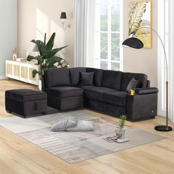 Harper & Bright Designs 85 in. W Shaped Velvet Sectional Sofa in Black, Convertible Sofa Bed with Storage Ottoman, Charging Ports, Cup Holder