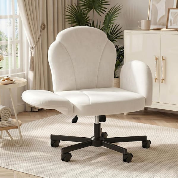 Velour Thick Flower Swivel Flip Up Arms Vanity Chair Cross Legged Ergonomic Task Chair in Beige with Arms