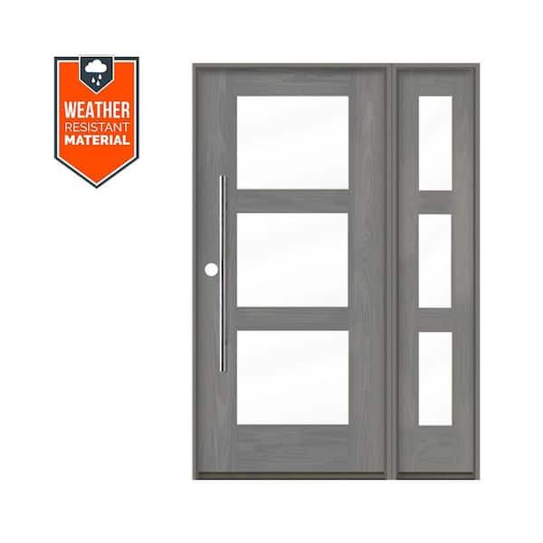 Krosswood Doors Faux Pivot 50 in. x 79 in. 3-Lite Right-Hand/Inswing Clear Glass Malibu Grey Stain Fiberglas Prehung Front Door with RSL