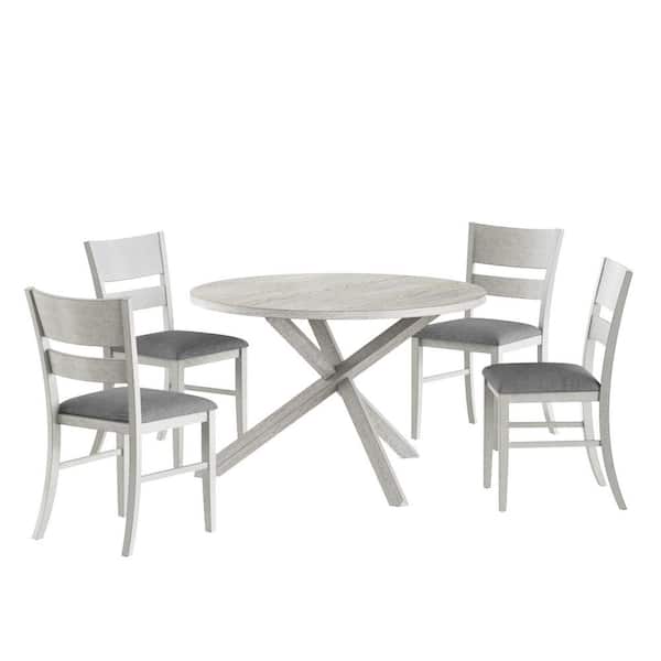 5-Piece Round Dining Table Set for 4, Modern Gray Wood Kitchen Table and Upholstered Chairs with X-Base Pedestal