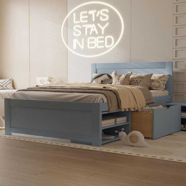 Gray Wood Frame Full Platform Bed with Two Double-layer Shelves and One Drawer