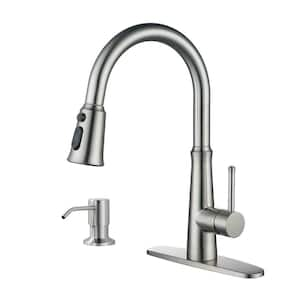 Single Handle Pull Down Sprayer Kitchen Faucet with Deckplate and Soap Dispenser in Brushed Nickel