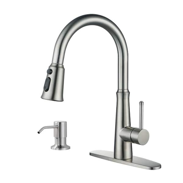 AVITAS Single Handle Pull Down Sprayer Kitchen Faucet with Deckplate and Soap Dispenser in Brushed Nickel
