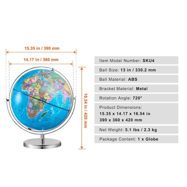 SKYSHALO Rotating World Globe, 16.54 in. x 13 in. 330.2 mm