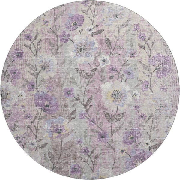 Mayfield Premium Machine Washable Abstract AMF2403 Lilac 8 ft. x 8 ft. Round Rug