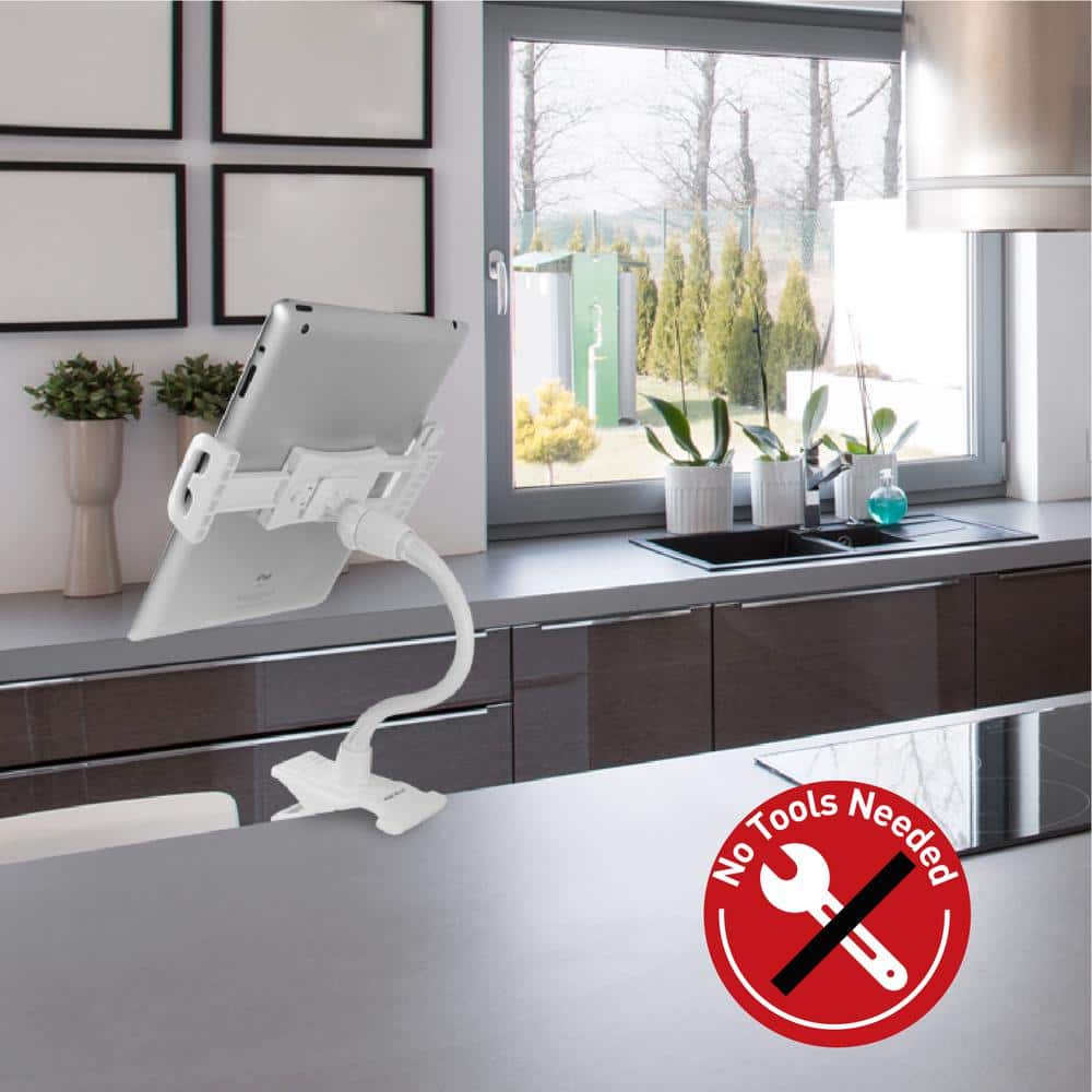 White Adjustable Gooseneck Clip Mount for Phones and Tablets