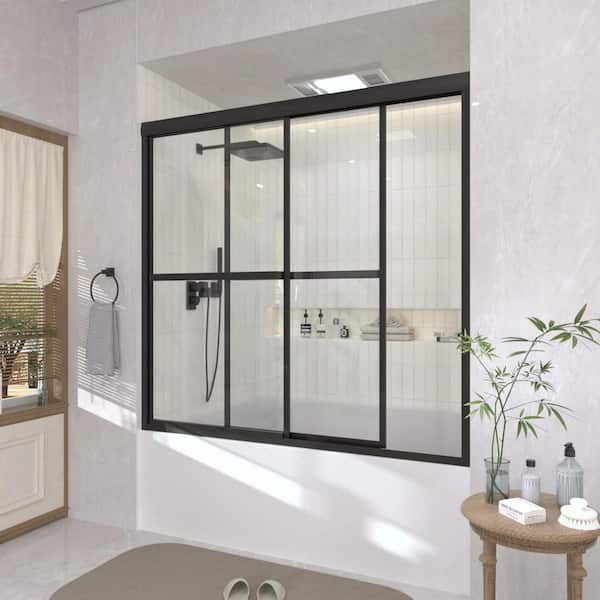 59 in. W x 56 in. H Sliding Framed Tub/Shower Door in Black with Clear Glass and Handles