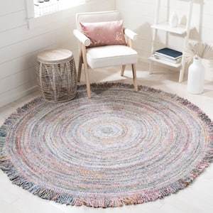 Braided Gray/Red 5 ft. x 5 ft. Round Striped Area Rug