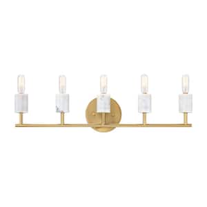 Star Dust 24.25 in. 5-Light Brushed Gold Vanity Light with Natural Marble Accents for Bathrooms