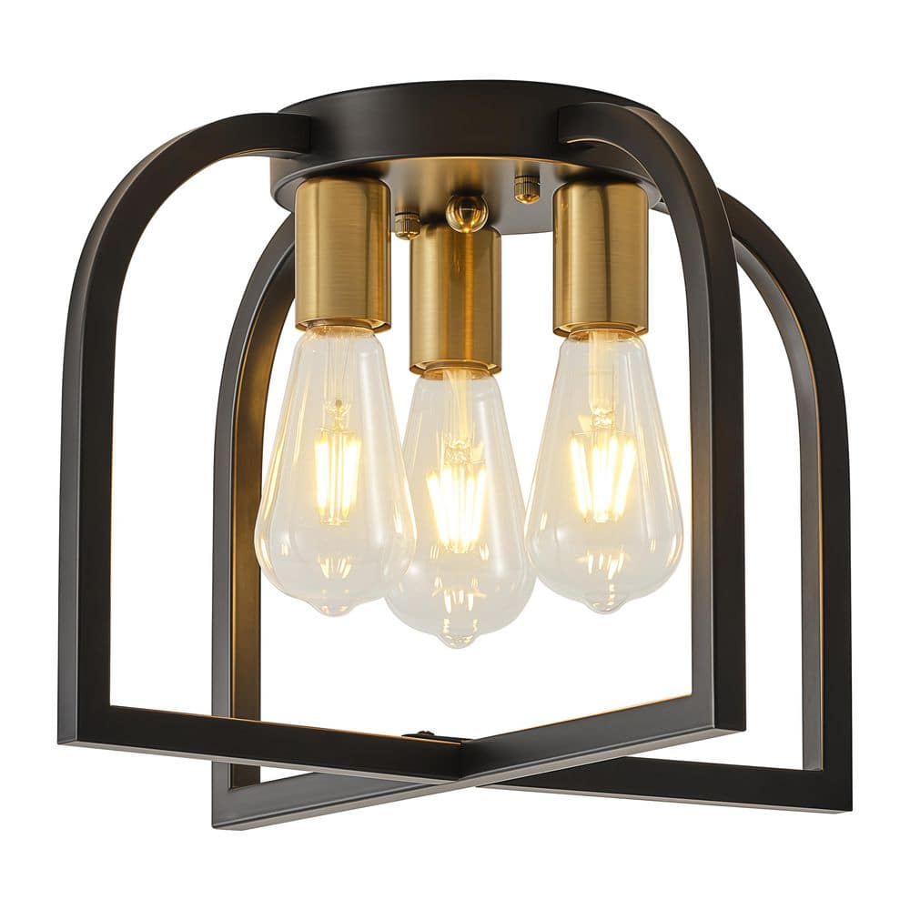 15 in. Modern Cage 3-Light Brushed Black and Brass Flush Mount Ceiling Light with Open Frame Design for Bedroom Hallway price history on PriceWatchPro