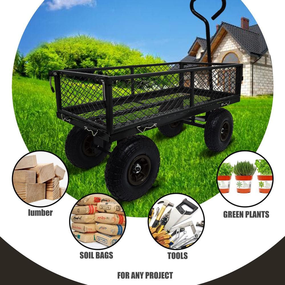 Heavy-Duty Black Steel Mesh Garden Utility Wagon with Removable Sides