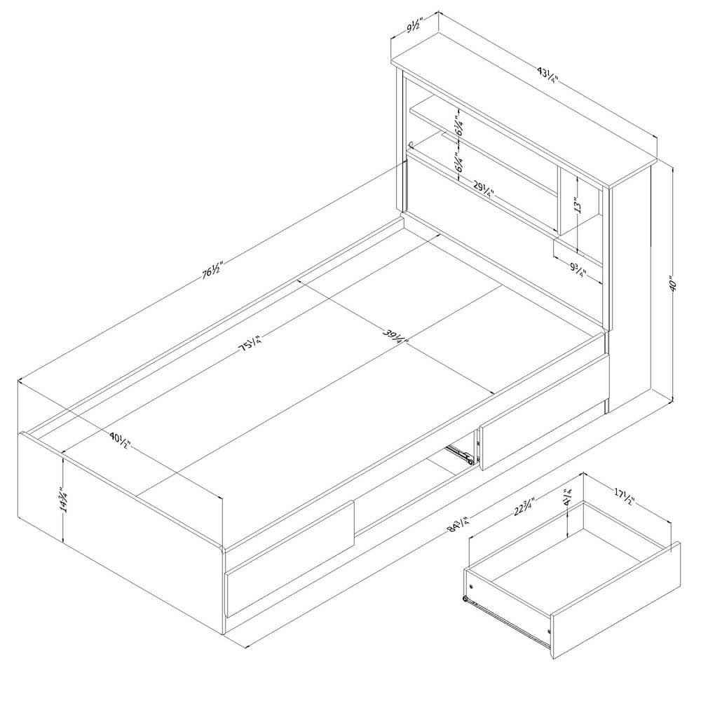 Black Twin Wood Platform Bed with Storage and Bookcase Headboard