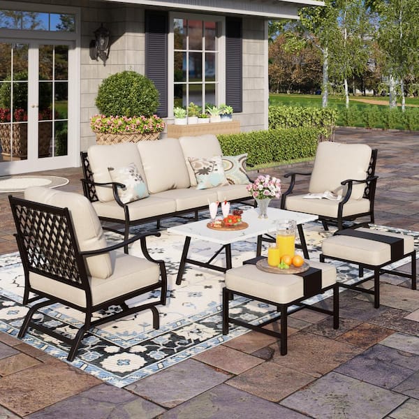 PHI VILLA Black Meshed 7-Seat 6-Piece Metal Outdoor Patio Conversation Set with Beige Cushions and Table with Marble Pattern Top