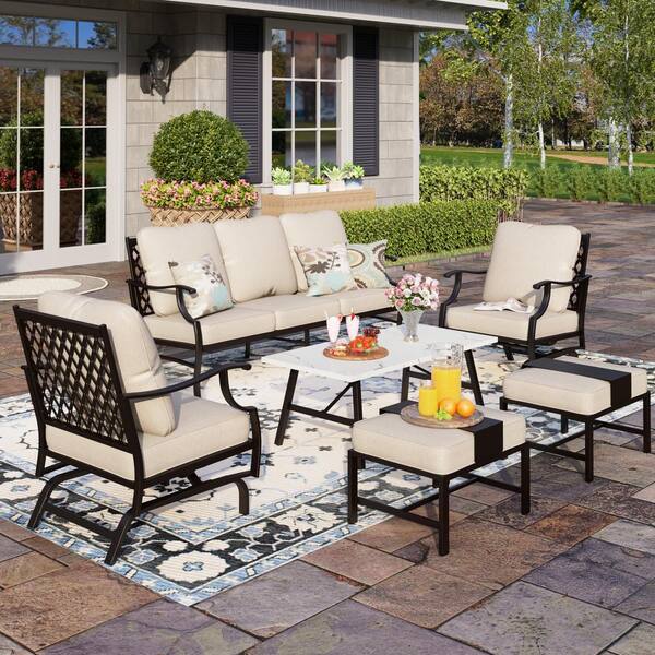 PHI VILLA Black Meshed 7-Seat 6-Piece Metal Outdoor Patio Conversation ...