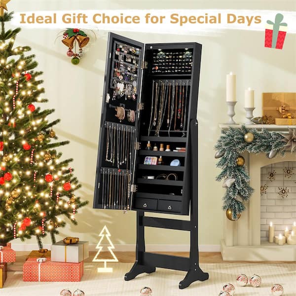 Black Wood Lockable Mirrored Jewelry Cabinet Armoire Organizer Storage with Stand and LED Lights