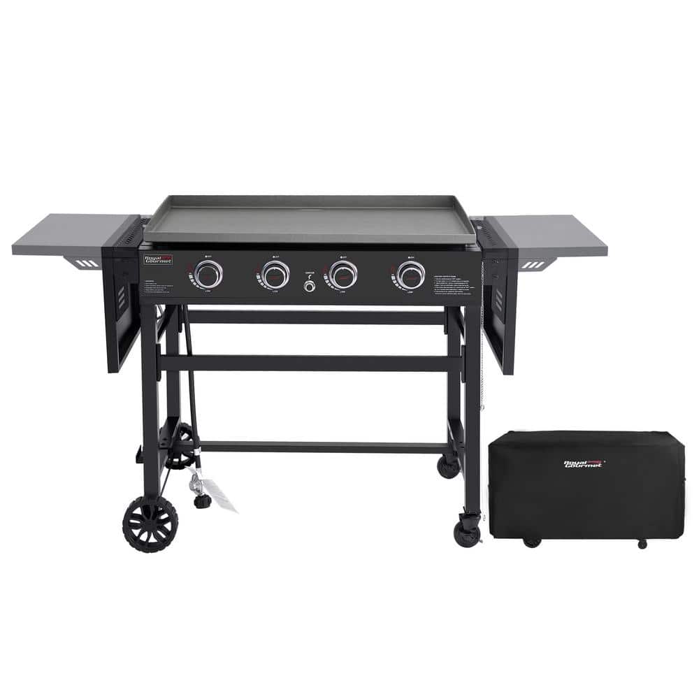 35 in. 4-Burner Propane Gas Grill Griddle with Cover, Flat Top, Black