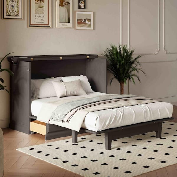 Gray Wood Frame Queen Murphy Bed with Charging Station and Large Storage Drawer, Queen