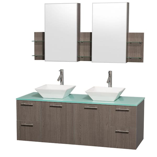Wyndham Collection Amare 60 in. Double Vanity in Grey Oak with Glass Vanity Top in Aqua and White Porcelain Sinks