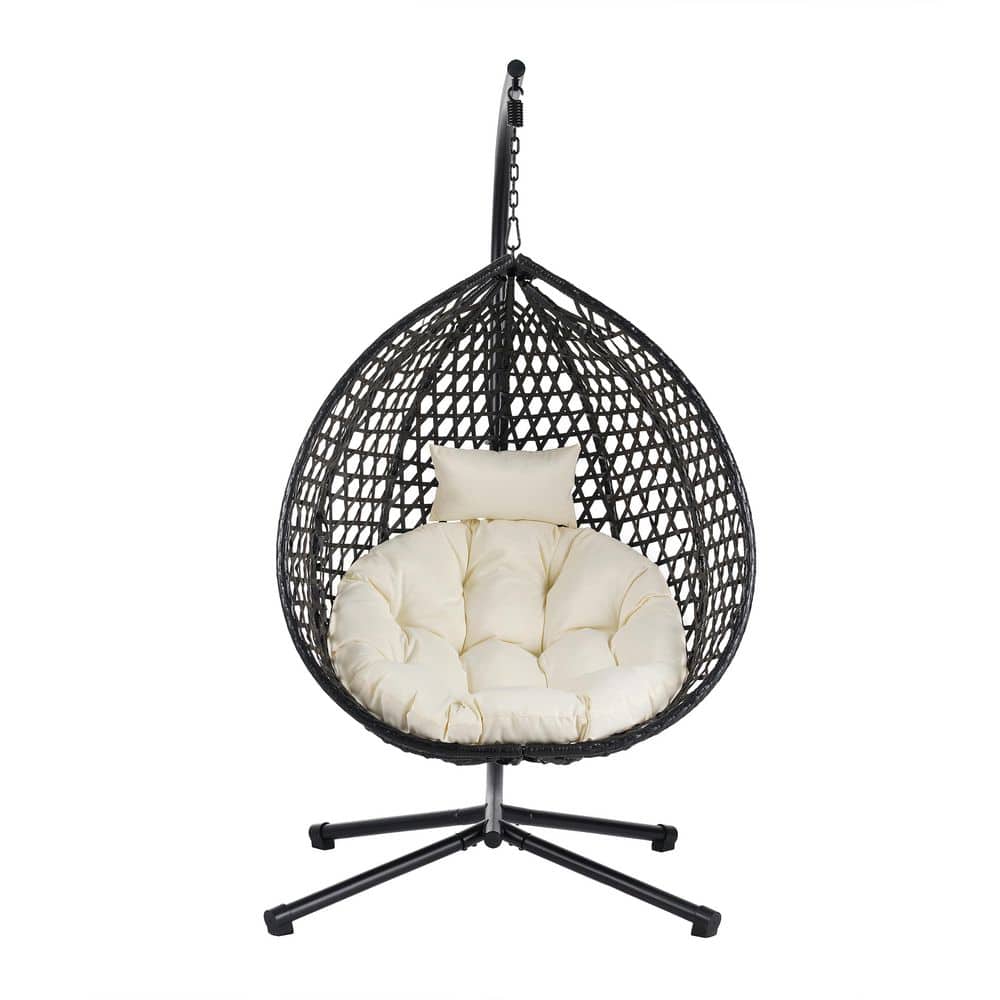 Black Metal Patio Swing with Beige Cushion, Hanging Egg Chair, Freestanding Hanging Chair for Indoor and Outdoor