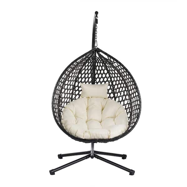 Black Metal Patio Swing with Beige Cushion, Hanging Egg Chair, Freestanding Hanging Chair for Indoor and Outdoor