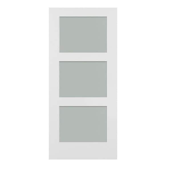 MMI DOOR 42 in. x 84 in. Shaker 3-Lite Frosted Glass Primed MDF Composite Barn Door Slab