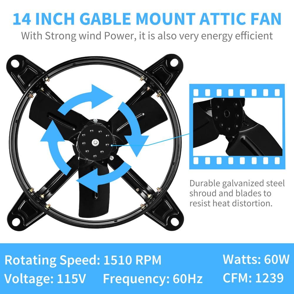 14 Inch Black Galvanized Steel Attic Ventilation Fan