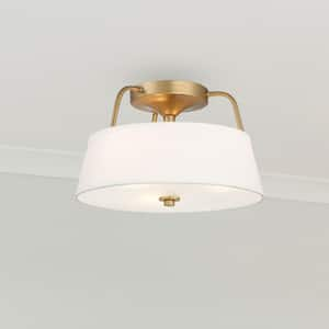 Heatherwood 14 in. 3-Light Vintage Gold Semi-Flush Mount with Fabric Drum Shade and Glass Diffuser