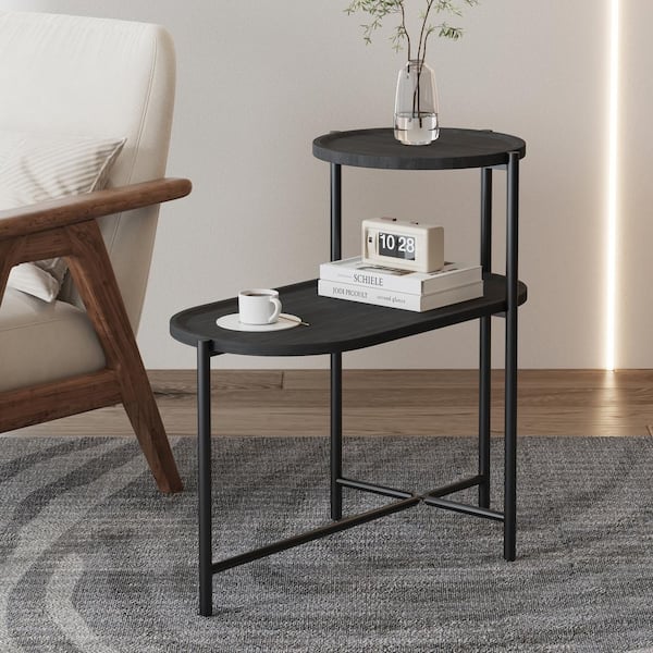 Unbranded Outdoor Round Coffee Table with Storage Tray 2 Tier Oval End Tables Wooden Small Side Table for Patio (Black)