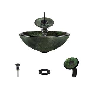 Glass Vessel Sink in Forest Green with Waterfall Faucet and Pop-Up Drain in Antique Bronze