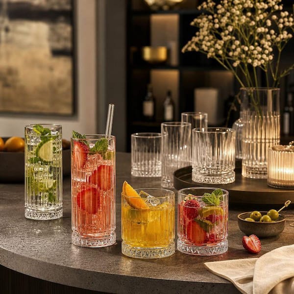 Wudkey Set of 8 Durable Glass Cups, 4 Highball Glasses 15 oz. & 4 Rocks Glasses 12oz. Glassware Set for Cocktail, Beer, Whiskey