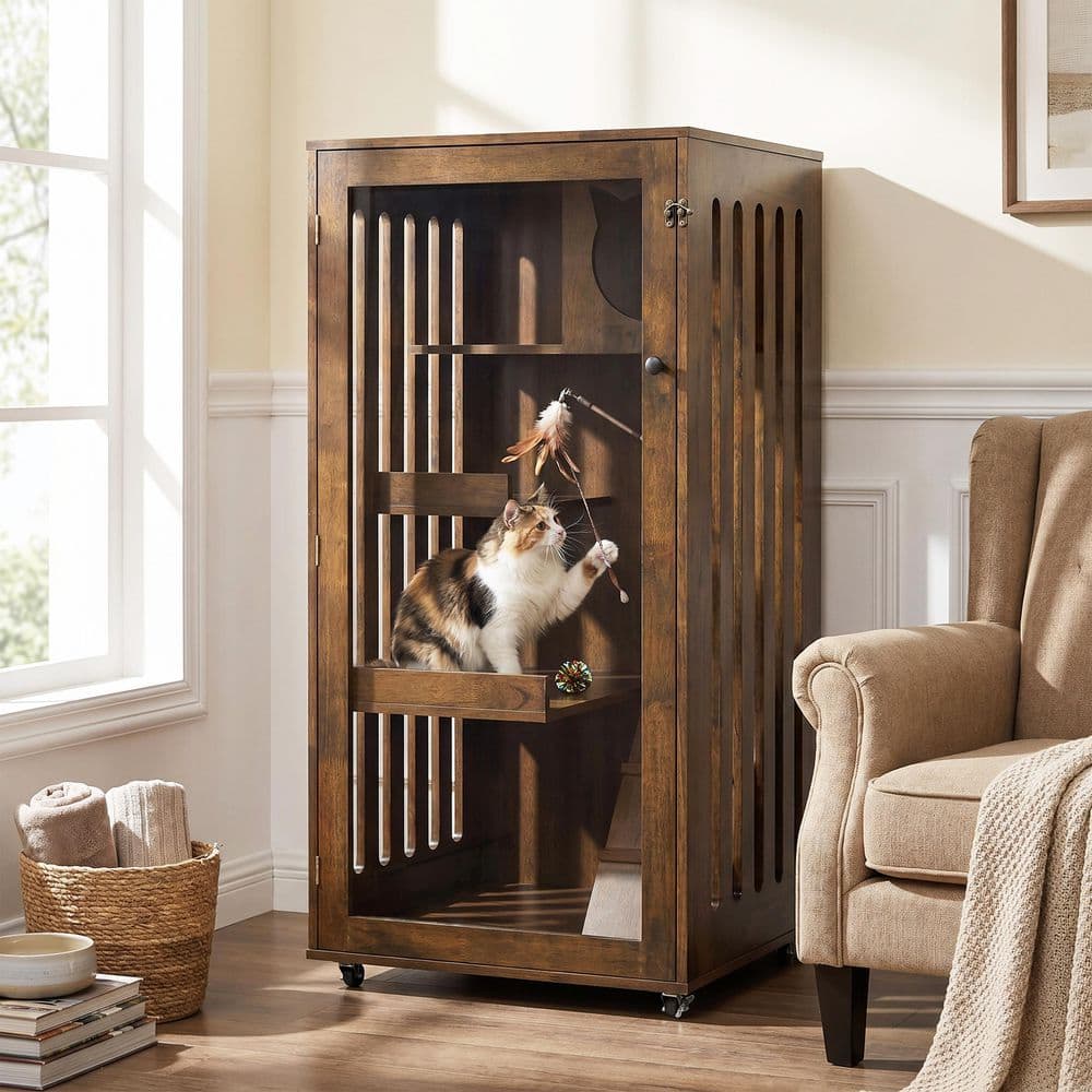 Dexo Solid Wood Cat Cabinet with Wheels, Cat Condo with Multi-Level Shelves & Lockable Door, Brown Oak Finish price history on PriceWatchPro