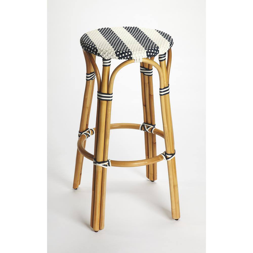 Blue and White Rattan Backless 30" Bar Stool
