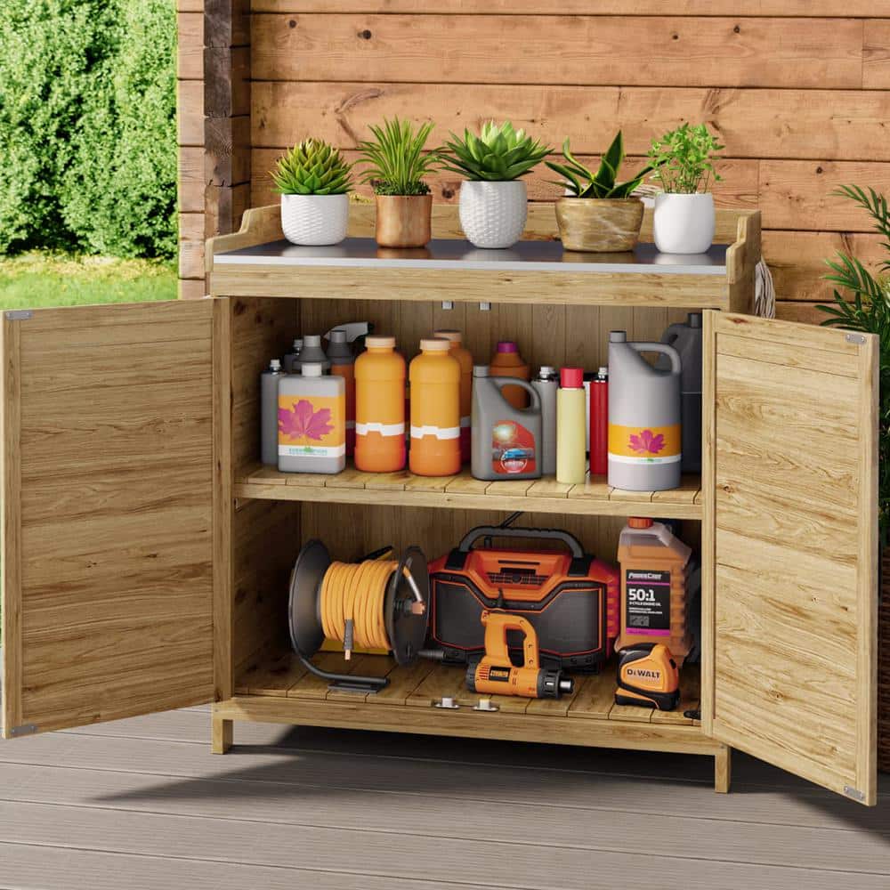 Lofka 38.6 in. W x 18.9 in. D x 37.4 in. H Nature Wood Outdoor Storage Cabinet, Metal Tabletop Outdoor Patio Bench CC50-N