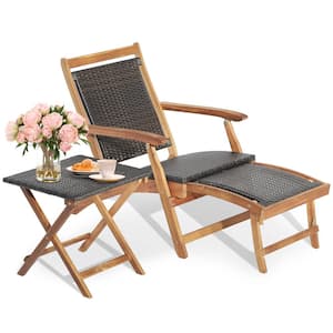 2-Piece Patio Rattan Folding Lounge Chair Table Acacia Wood with Retractable Footrest