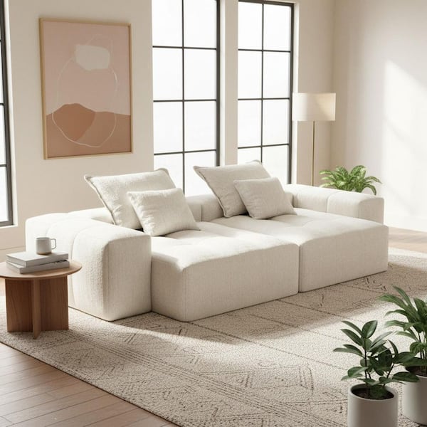 Homy Casa YSLN 113 in. Modular Tufted Chenille 4-Seater Sectional Sofa in. Ivory White with Luxe Sparkle Fabric and No-Assembly