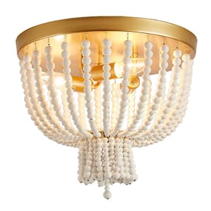 14-in. 3-Light Flush Mount Chandelier with Wooden Beaaded Shade