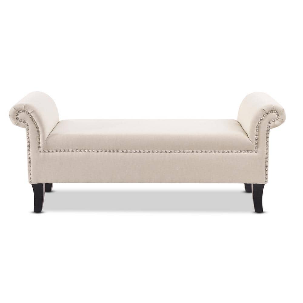 Sky Neutral Roll Arm Entryway Bench with Nailhead Trim