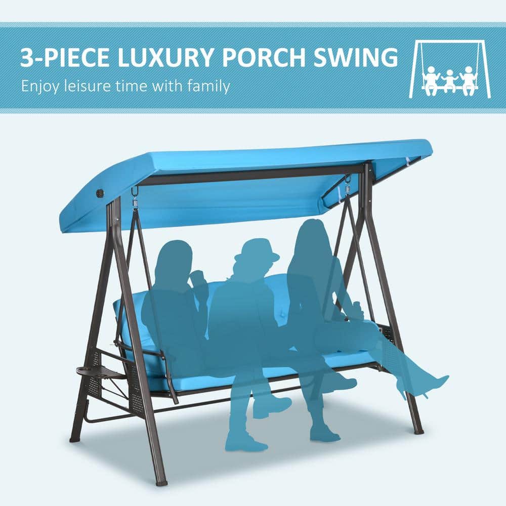 Blue Steel Frame 3-Seat Outdoor Patio Swing with Canopy and Cushions